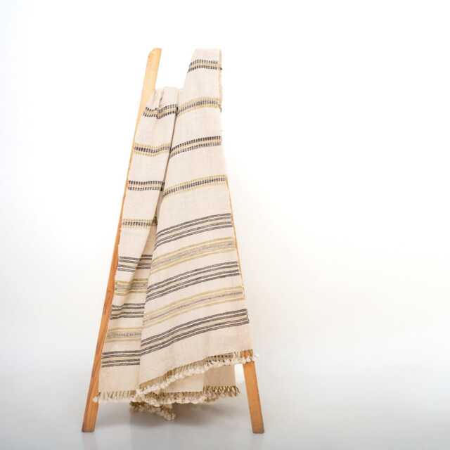 White Striped Indian Wool Throw Blanket, Handwoven Sofa Coverlet With Clean Bedroom Accent - Marble - image 1