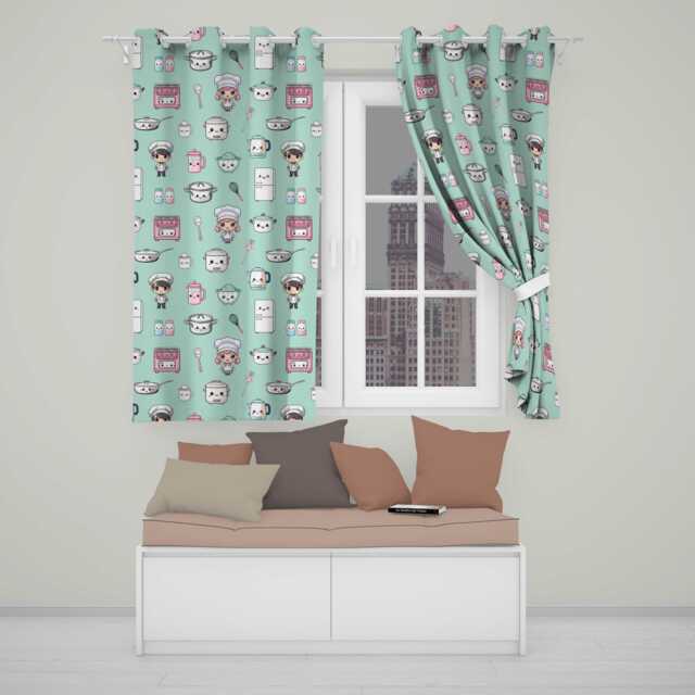 Kawaii Kitchen Chef Girl Cooking Utensils On Mint Seamless Pattern Readymade Eyelet Ring Top Thermal 100% Blackout Curtains - image 1