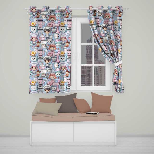 Cute Kawaii Baking Kitchen Girl Mixer Utensils Blue Background Seamless Pattern Readymade Eyelet Ring Top Thermal 100% Blackout Curtains - image 1