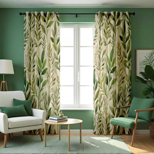Green Botanical Leaf Curtains, Tropical Nature Drapes, Custom Made Window Panels For Living Room - image 1