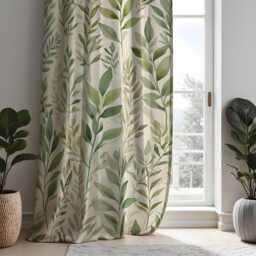 Green Botanical Leaf Curtains, Tropical Nature Drapes, Custom Made Window Panels For Living Room - thumbnail 2