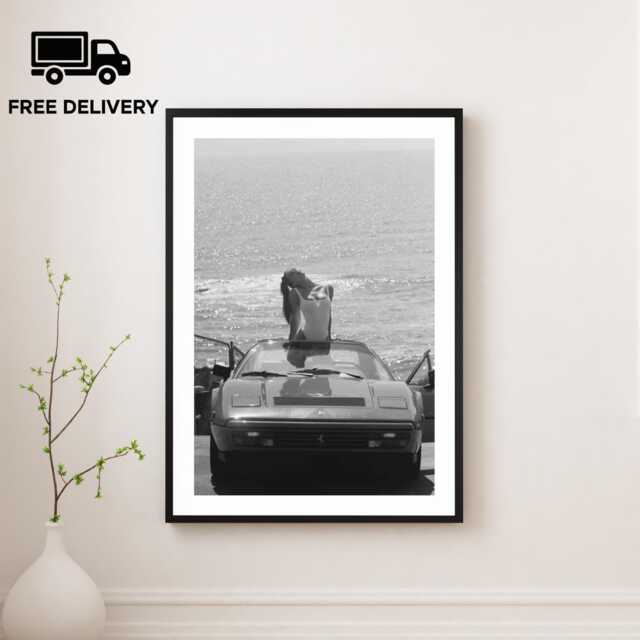 Vintage Classic Sports Car Girl Print, Luxury Woman, Fine Art Photography Wall Art, Museum Quality Black & White Poster - image 1