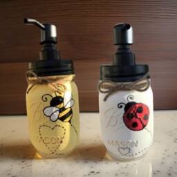 Bee Or Ladybug Mason Jar Soap Dispenser, Hand-Painted Bathroom Decor - thumbnail 2