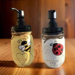 Bee Or Ladybug Mason Jar Soap Dispenser, Hand-Painted Bathroom Decor - thumbnail 3