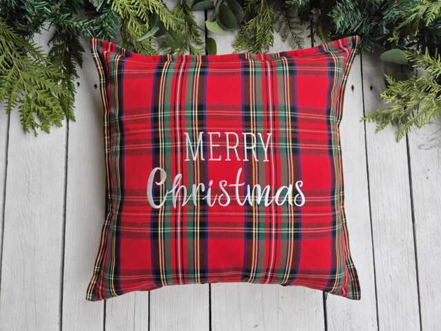 Merry Christmas Royal Stewart Plaid Pillow Cover, Farmhouse Tartan Sham, Red Pillow, Christmas Embroidery Decor - image 1