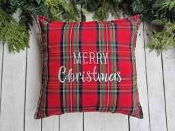 Merry Christmas Royal Stewart Plaid Pillow Cover, Farmhouse Tartan Sham, Red Pillow, Christmas Embroidery Decor