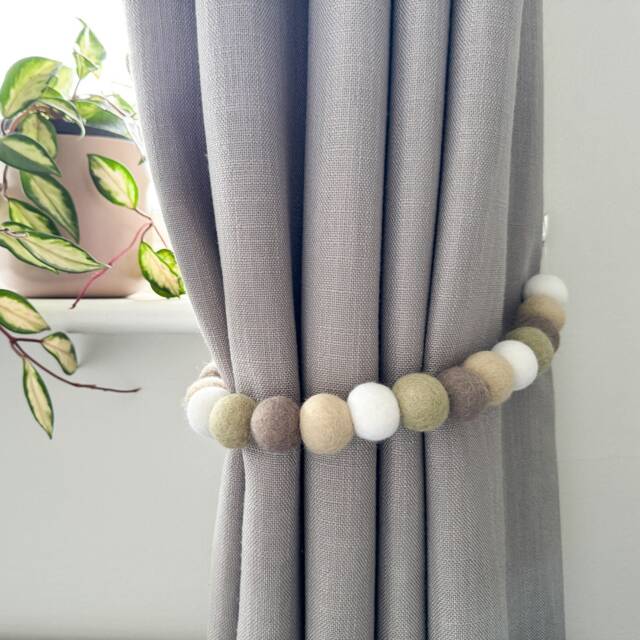 Pastel Green Neutral Felt Ball Curtain Tie Backs - Pom Hold Custom Nursery Decor Baby Gift Colourful Pull Back - image 1