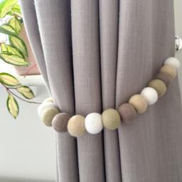 Pastel Green Neutral Felt Ball Curtain Tie Backs - Pom Hold Custom Nursery Decor Baby Gift Colourful Pull Back - thumbnail 2