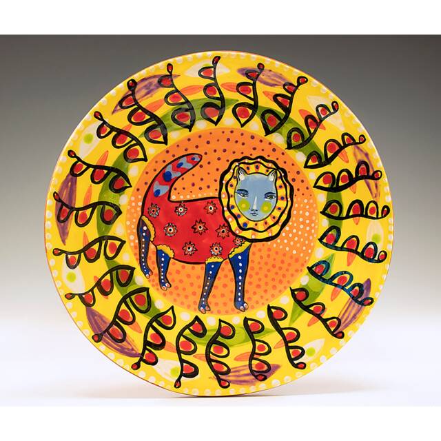 Red Lion - Painting By Jenny Mendes On A Round Ceramic 6 1/4 Inch Plate One Of Kind Decoration