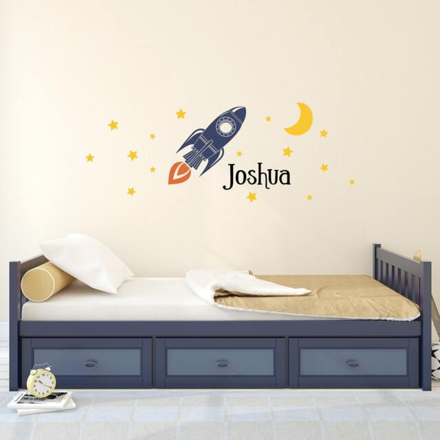 Rocket Wall Decal Set Personalized Name, Moon & Stars Bedroom Decor - image 1