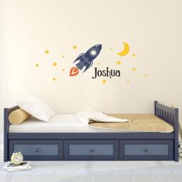 Rocket Wall Decal Set Personalized Name, Moon & Stars Bedroom Decor
