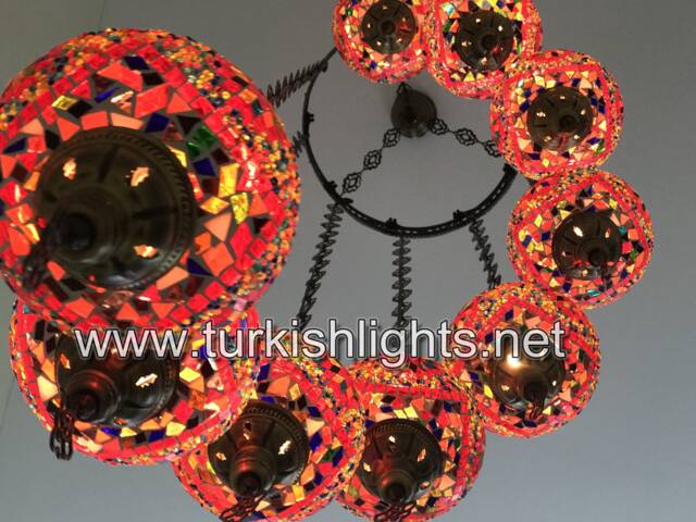 9 Ball Turkish Mosaic Chandelier, Large Red Globes - image 1