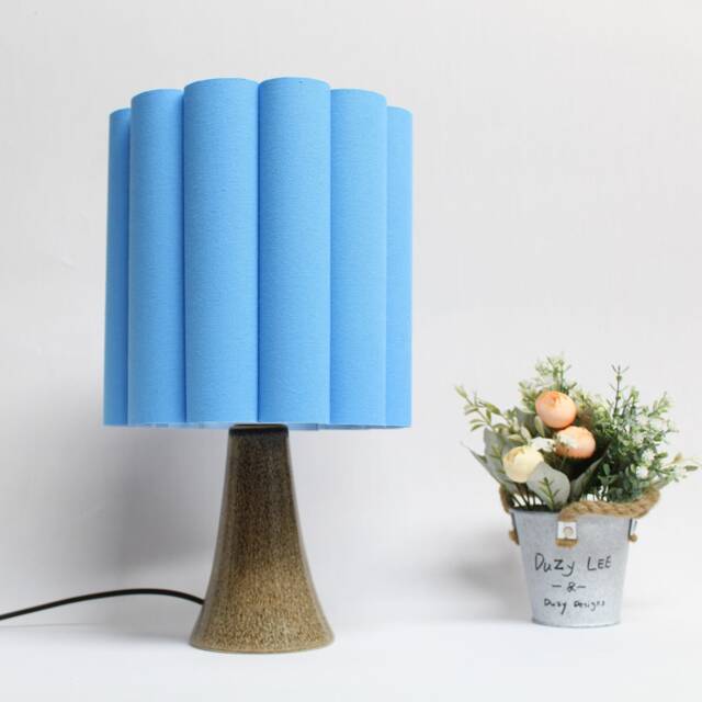 Light Blue Burlap Table Lamp Acrylic Skirt, Ceramic Base - image 1