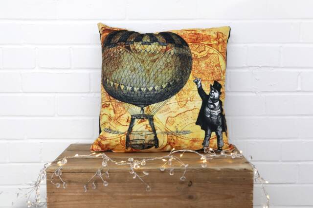 steampunk Balloon Velvet Cushion 45cm X Cushions Pillows Limited Edition Travel Victoriana Victorian Weird Gold Bown - image 1