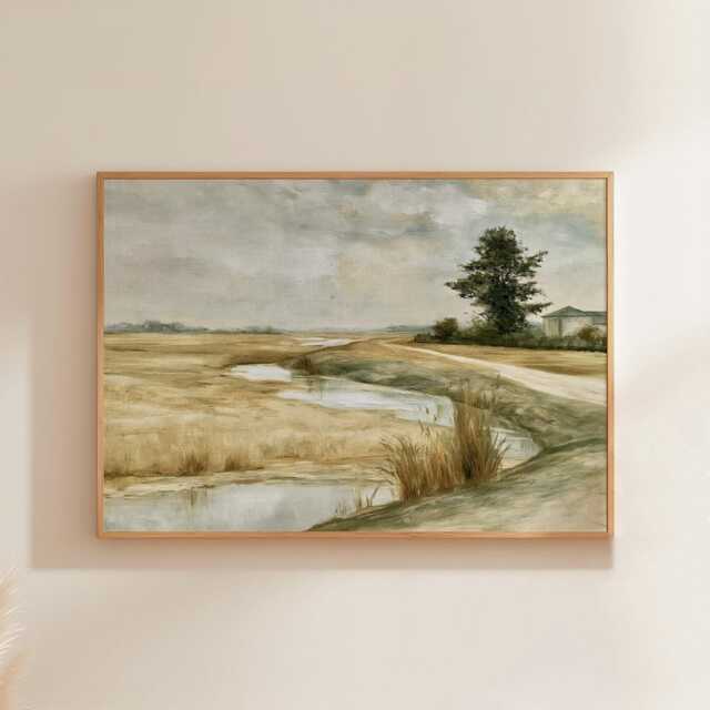 Meadow River Poster, Neutral Landscape Print, Country Wall Art, Paper - image 1