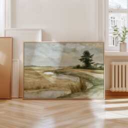 Meadow River Poster, Neutral Landscape Print, Country Wall Art, Paper - thumbnail 4