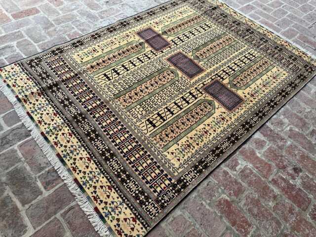 5x8 Handmade Afghan Prayer Rug - Ivory & Multicolor Geometric Design Hand-Knotted Baluchi Style Carpet For Living Room Or Entryway - image 1