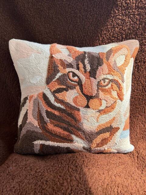 Hand Tufted Cat Pillow Cover Embroidered Linen Decorative Case - image 1