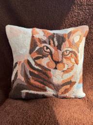 Hand Tufted Cat Pillow Cover Embroidered Linen Decorative Case - thumbnail 1