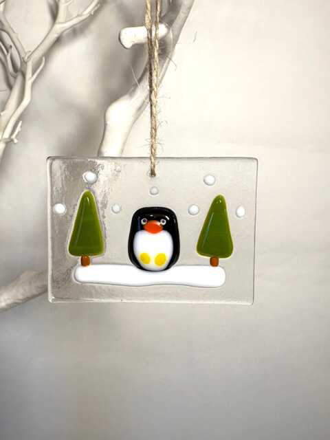 Fused Glass Penguin Christmas Ornament Handmade Snowy Winter Scene - image 1