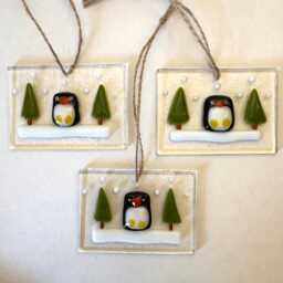 Fused Glass Penguin Christmas Ornament Handmade Snowy Winter Scene - thumbnail 4