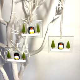 Fused Glass Penguin Christmas Ornament Handmade Snowy Winter Scene - thumbnail 2
