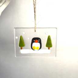 Fused Glass Penguin Christmas Ornament Handmade Snowy Winter Scene - thumbnail 3