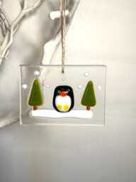 Fused Glass Penguin Christmas Ornament Handmade Snowy Winter Scene - thumbnail 1