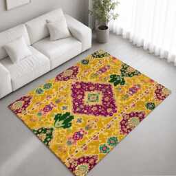 Mustard Purple Ornate Floral Medallion Rug Non-Slip Soft Area Carpet Bedroom Living Room Hallway Mat Decor - Made in UK