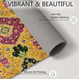 Mustard Purple Ornate Floral Medallion Rug Non-Slip Soft Area Carpet Bedroom Living Room Hallway Mat Decor - Made in UK - thumbnail 4