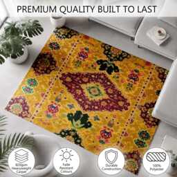 Mustard Purple Ornate Floral Medallion Rug Non-Slip Soft Area Carpet Bedroom Living Room Hallway Mat Decor - Made in UK - thumbnail 3