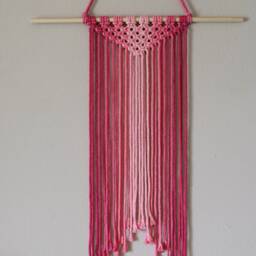 Large Handmade Minimalist Wall Hanging, Magenta Pink Boho Ombre Tapestry, Macrame Art On Wooden Dowel With Cotton Cords, Chic Design & Decor - thumbnail 2