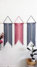 Large Handmade Minimalist Wall Hanging, Magenta Pink Boho Ombre Tapestry, Macrame Art On Wooden Dowel With Cotton Cords, Chic Design & Decor