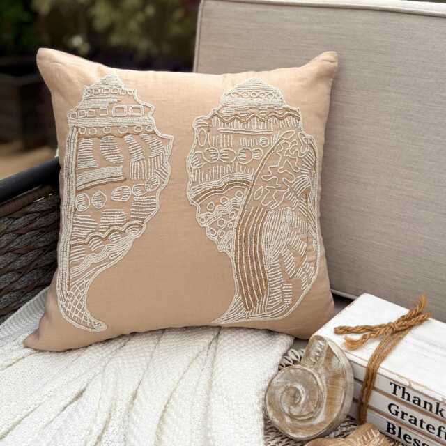 Beige Cotton Linen Beaded Sea Creature Pattern, Beach Style Throw Pillow Cover - Shell Mates - image 1