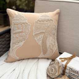 Beige Cotton Linen Beaded Sea Creature Pattern, Beach Style Throw Pillow Cover - Shell Mates - thumbnail 1