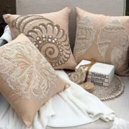 Beige Cotton Linen Beaded Sea Creature Pattern, Beach Style Throw Pillow Cover - Shell Mates - thumbnail 3