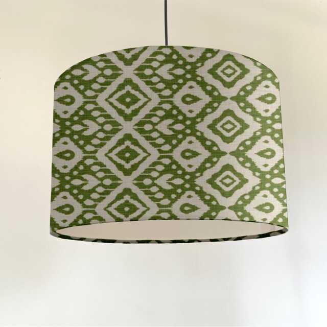 Green Geometric Cotton, Circular Drum Lampshade /Ceiling Shade, With A White Lining - image 1