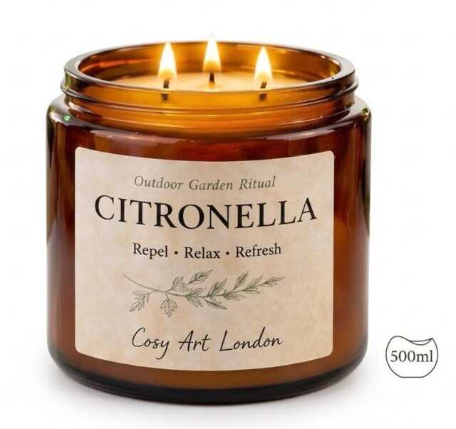 Large Citronella Candle 500Ml - Outdoor Garden Soy Triple Wick Amber Jar Summer Patio - image 1