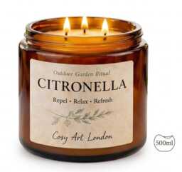 Large Citronella Candle 500Ml - Outdoor Garden Soy Triple Wick Amber Jar Summer Patio - thumbnail 1