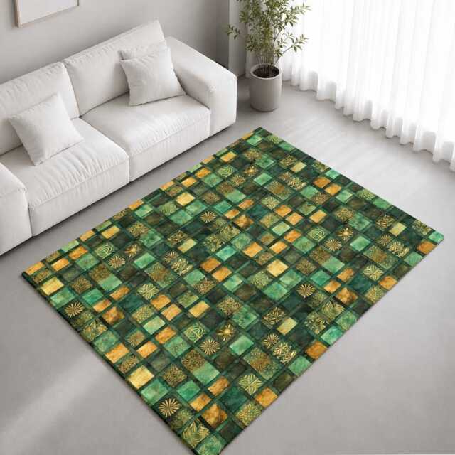 Emerald Green Gold Mosaic Patchwork Pattern Rug Non-Slip Soft Area Carpet Bedroom Living Room Hallway Mat Decor - Made in UK - image 1