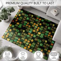 Emerald Green Gold Mosaic Patchwork Pattern Rug Non-Slip Soft Area Carpet Bedroom Living Room Hallway Mat Decor - Made in UK - thumbnail 3