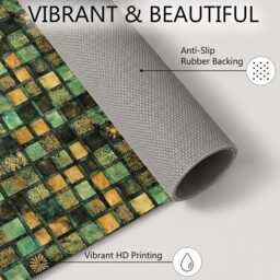 Emerald Green Gold Mosaic Patchwork Pattern Rug Non-Slip Soft Area Carpet Bedroom Living Room Hallway Mat Decor - Made in UK - thumbnail 4