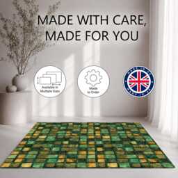 Emerald Green Gold Mosaic Patchwork Pattern Rug Non-Slip Soft Area Carpet Bedroom Living Room Hallway Mat Decor - Made in UK - thumbnail 2