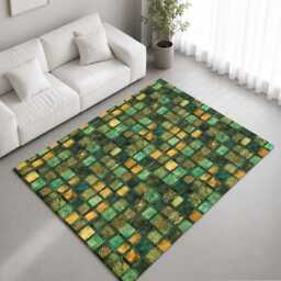 Emerald Green Gold Mosaic Patchwork Pattern Rug Non-Slip Soft Area Carpet Bedroom Living Room Hallway Mat Decor - Made in UK