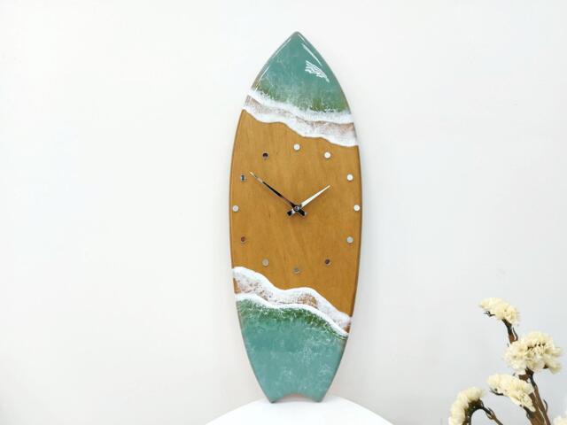 Surfboard Clock With Ocean Waves Beachy Room Decor Wall Art Sage Green Sea Resin Gift - image 1
