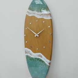 Surfboard Clock With Ocean Waves Beachy Room Decor Wall Art Sage Green Sea Resin Gift - thumbnail 3