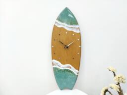 Surfboard Clock With Ocean Waves Beachy Room Decor Wall Art Sage Green Sea Resin Gift - thumbnail 1