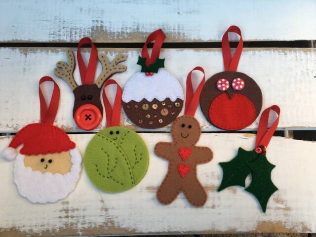 Set Of 7 Christmas Decorations, Traditional Stitched Felt Tree Ornaments - image 1