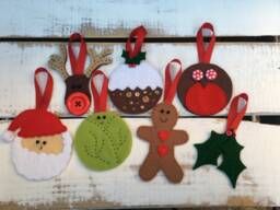 Set Of 7 Christmas Decorations, Traditional Stitched Felt Tree Ornaments - thumbnail 1