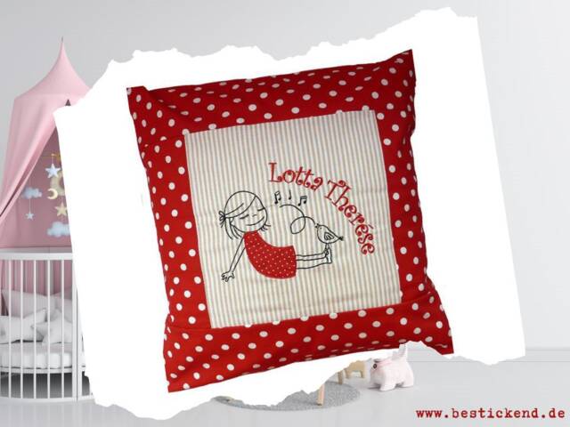 Embroidered Pillow Girl With Bird + Name /Red - Natural/ 40x40 Pillowcase Gift Cuddly Name - 34 - image 1